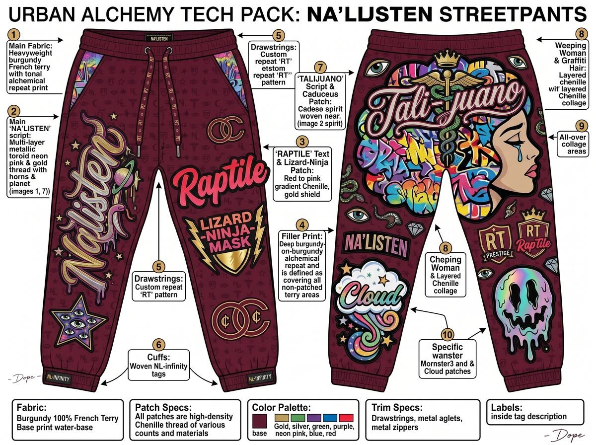 Maroon sweatpants tech pack with patches and labeled callouts