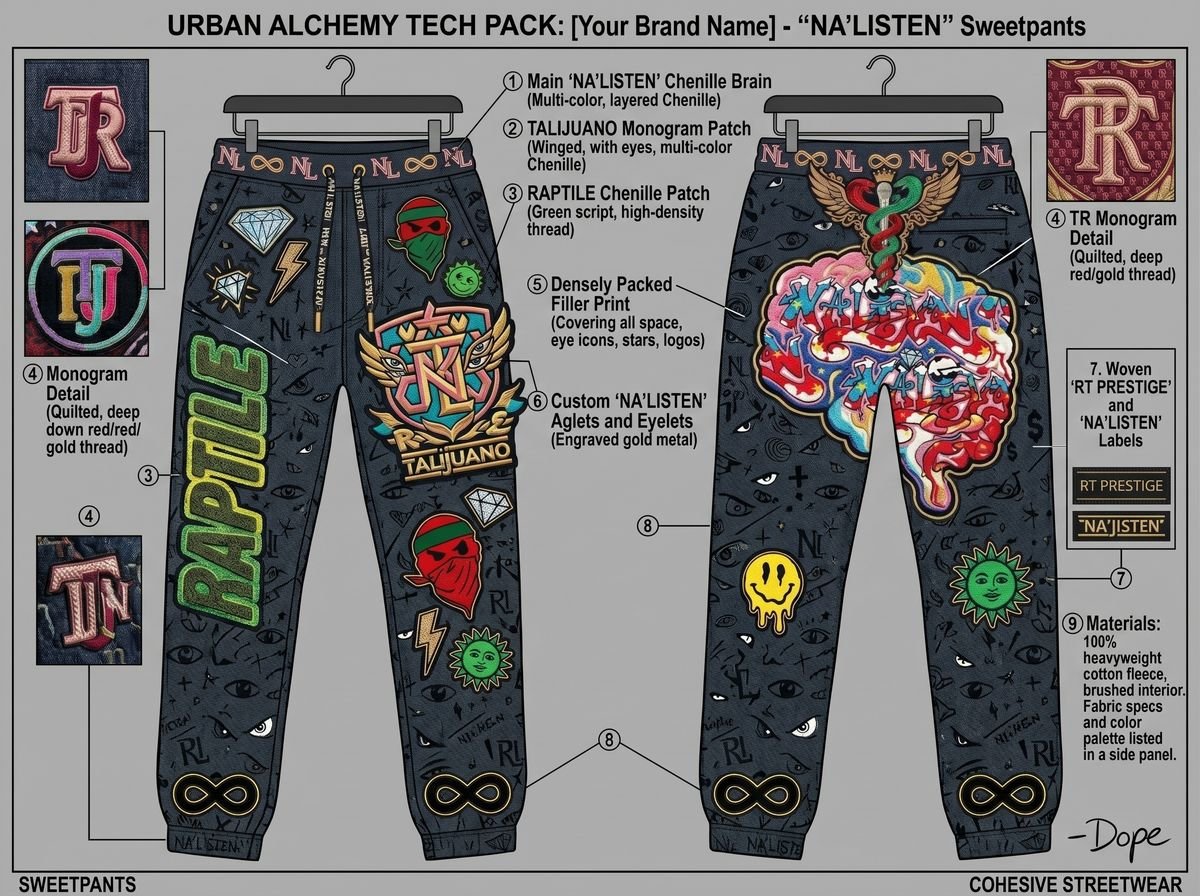 Streetwear tech pack sheet with callouts
