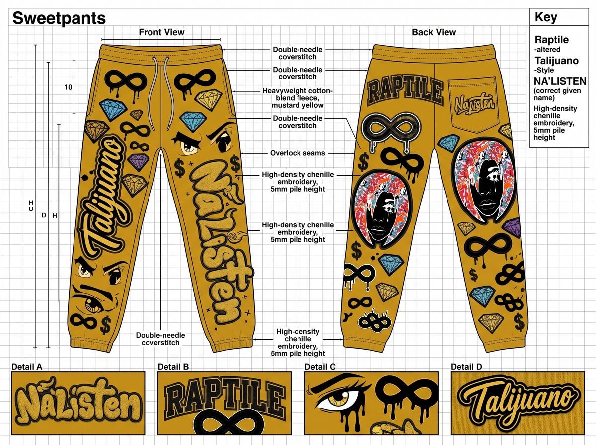 Streetwear tech pack sheet with callouts