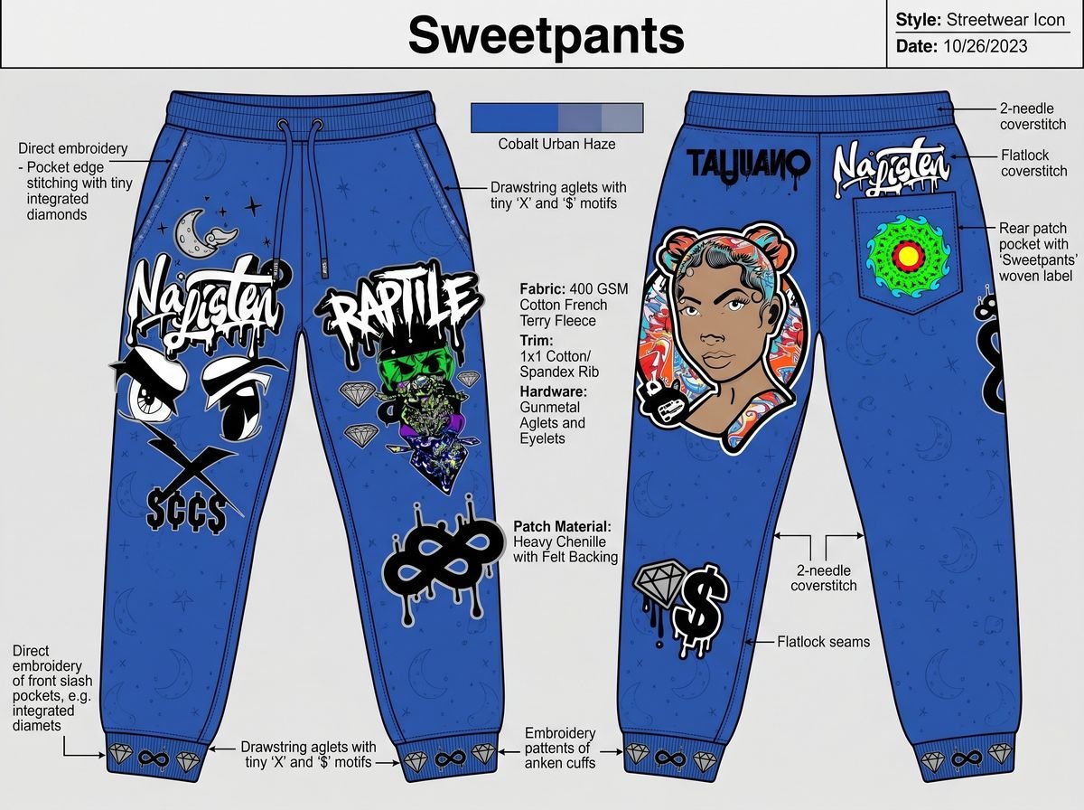 Blue sweatpants with patches and placement callouts on a white sheet