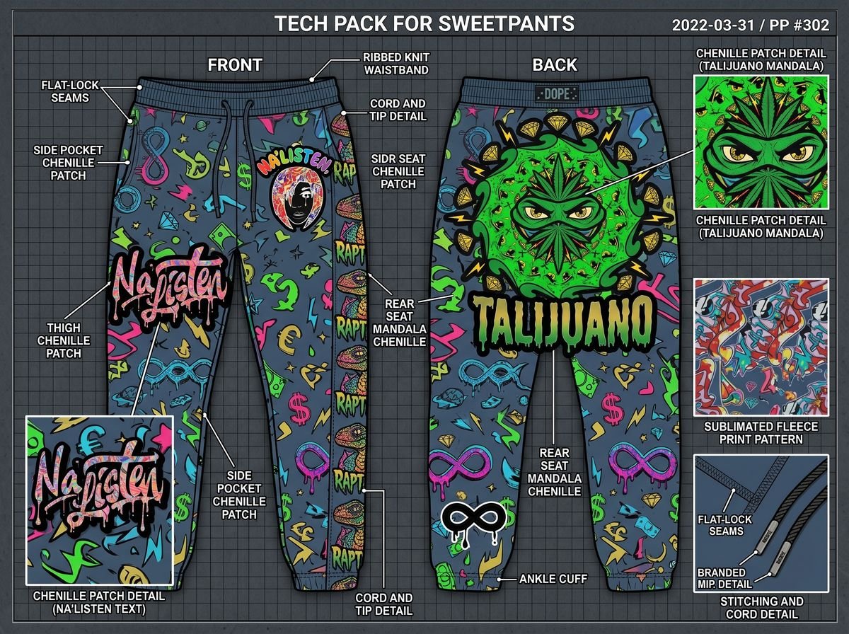 Streetwear tech pack sheet with callouts