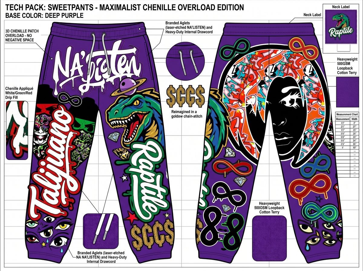 Purple sweatpants spec sheet covered in chenille patches