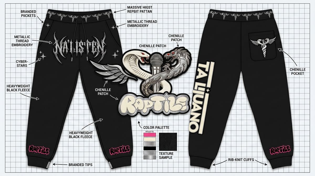 Streetwear tech pack sheet with callouts