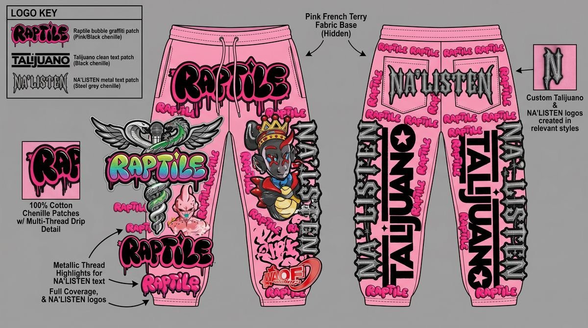 Pink sweatpants tech pack with logo patches and labels