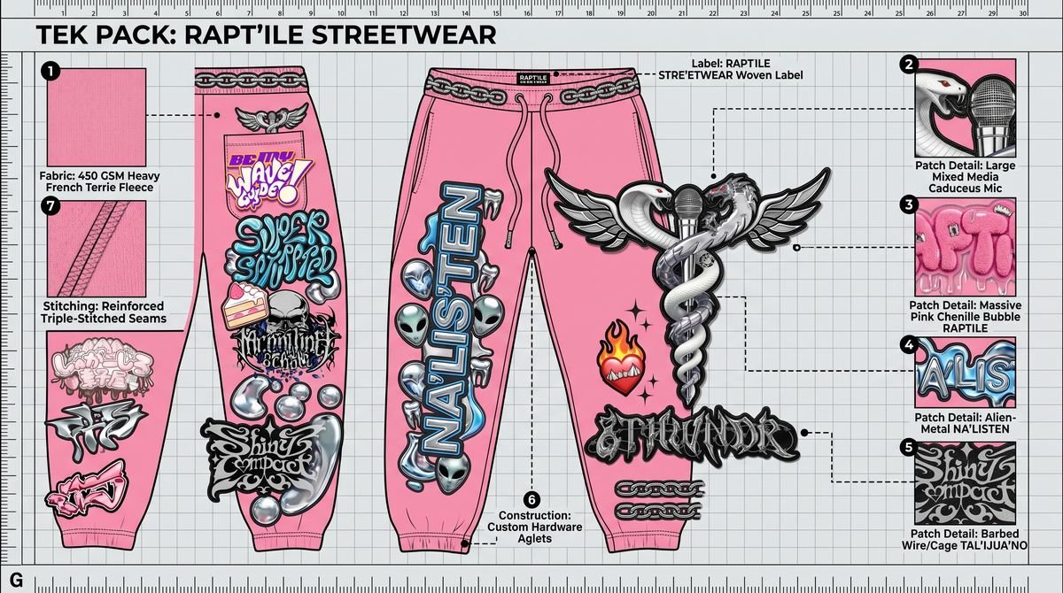 Streetwear tech pack sheet with callouts