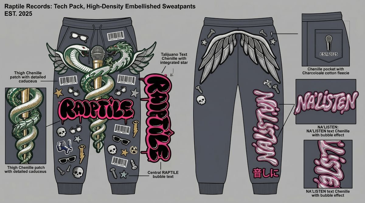Streetwear tech pack sheet with callouts