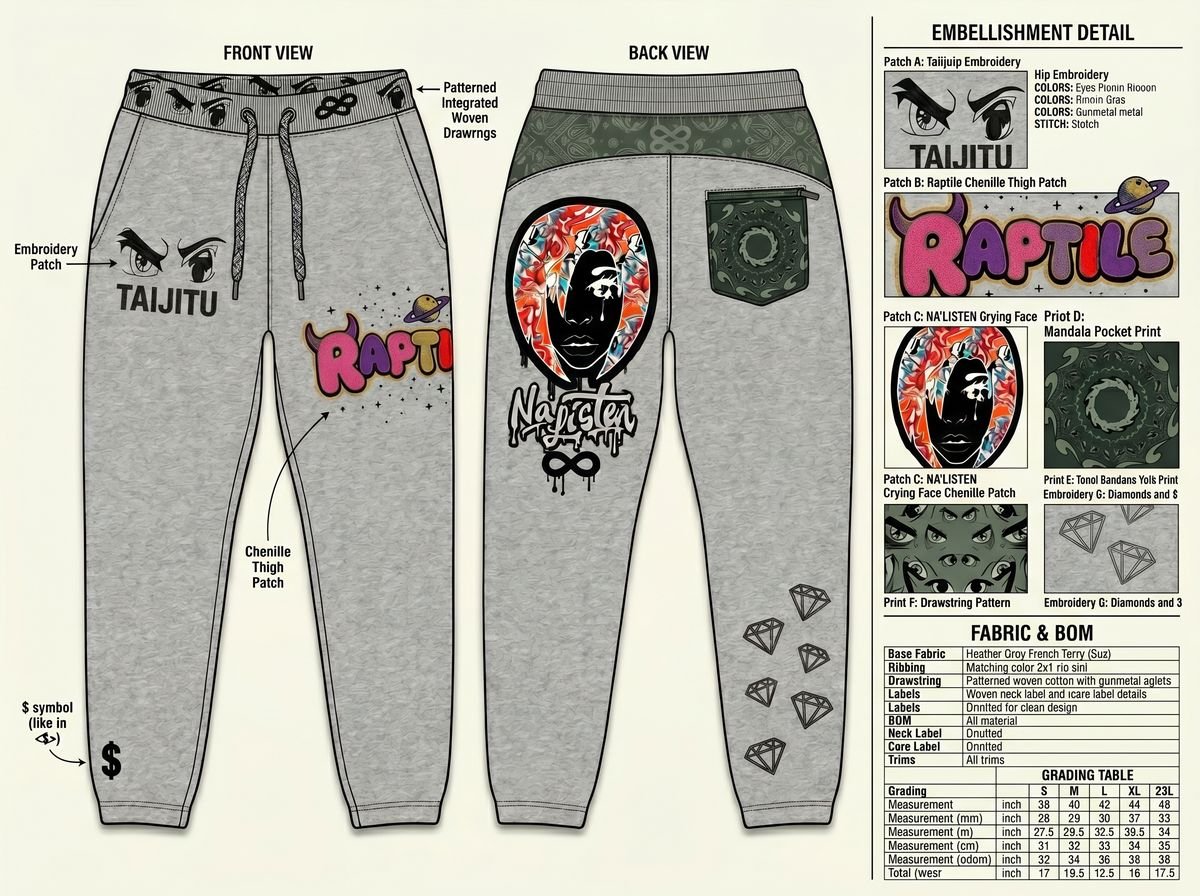 Streetwear tech pack sheet with callouts