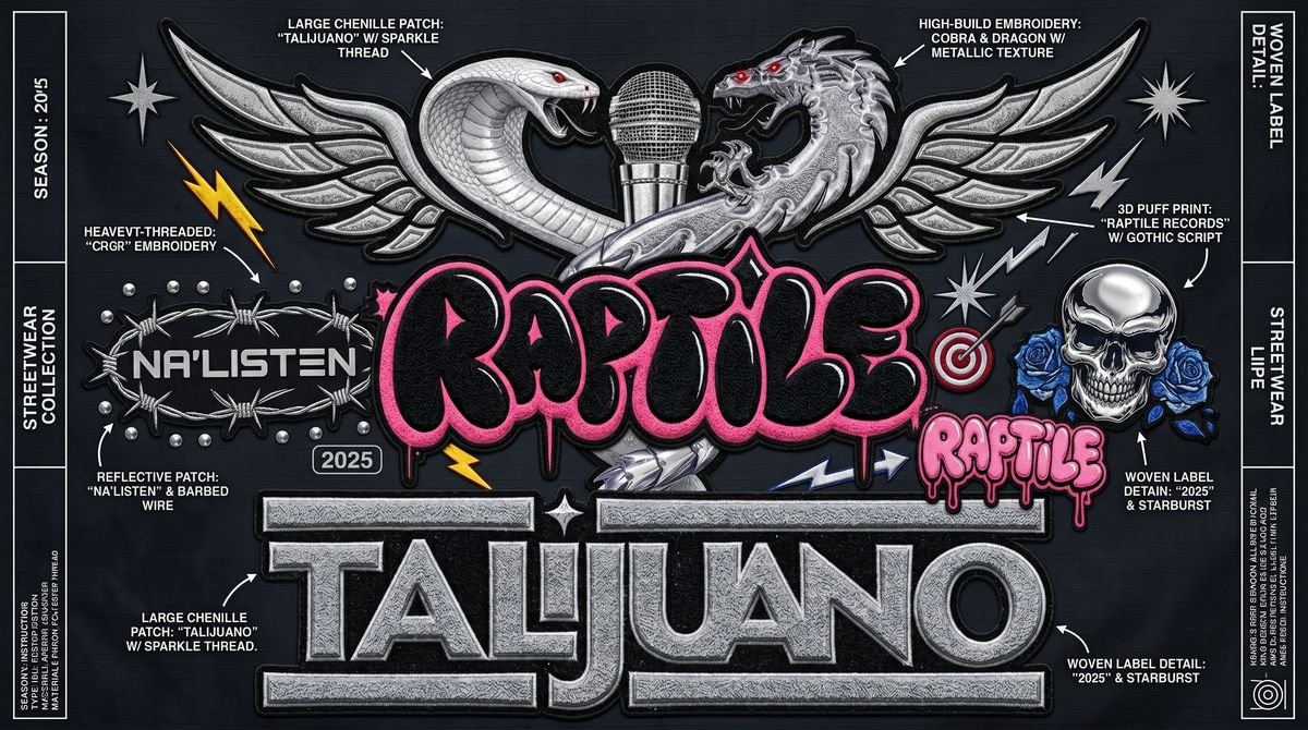 Dark spec sheet with chrome Raptile and Talijuano logos and callouts