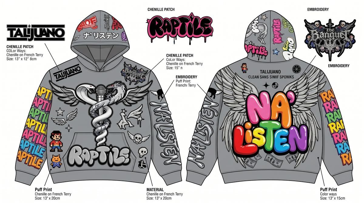 Streetwear tech pack sheet with callouts