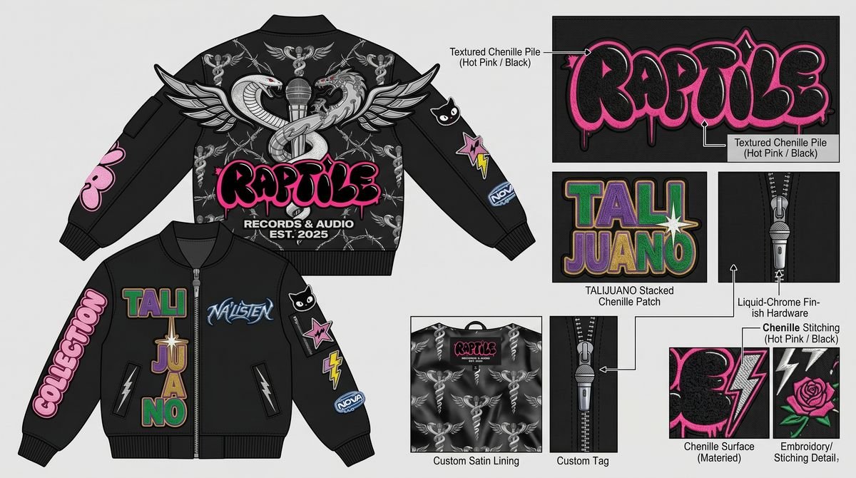 Spec sheet of a black hoodie and joggers with patch callouts