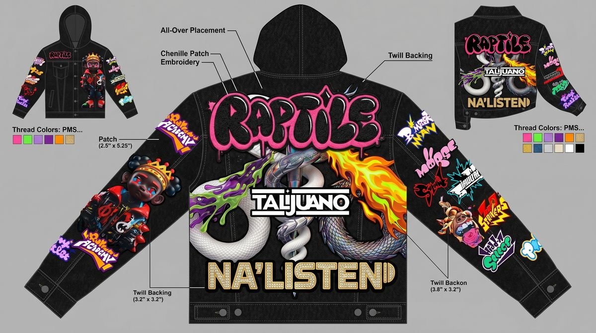 Streetwear tech pack sheet with callouts