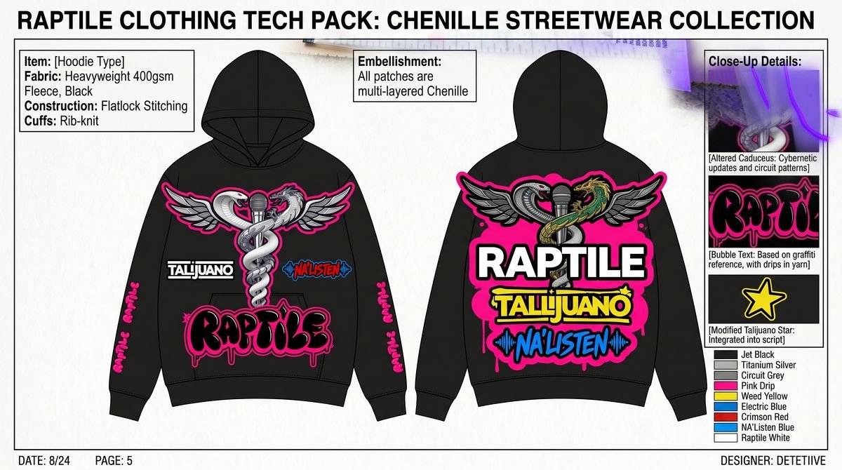 Black hoodie front and back with pink chenille Raptile patches