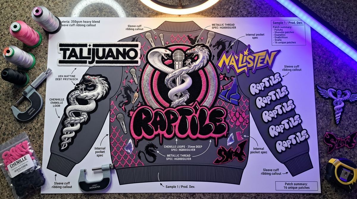 Streetwear tech pack sheet with callouts