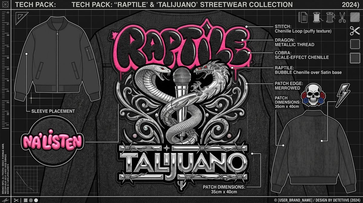 Streetwear tech pack sheet with callouts
