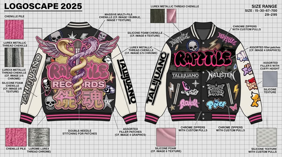 Varsity jacket spec sheet with sleeve and back artwork labeled