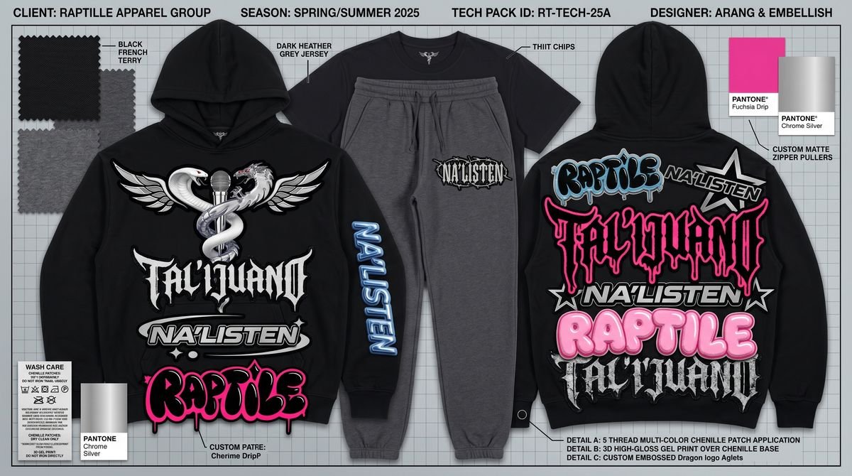 Black hoodie and grey sweatpants spec sheet with Talijuano type