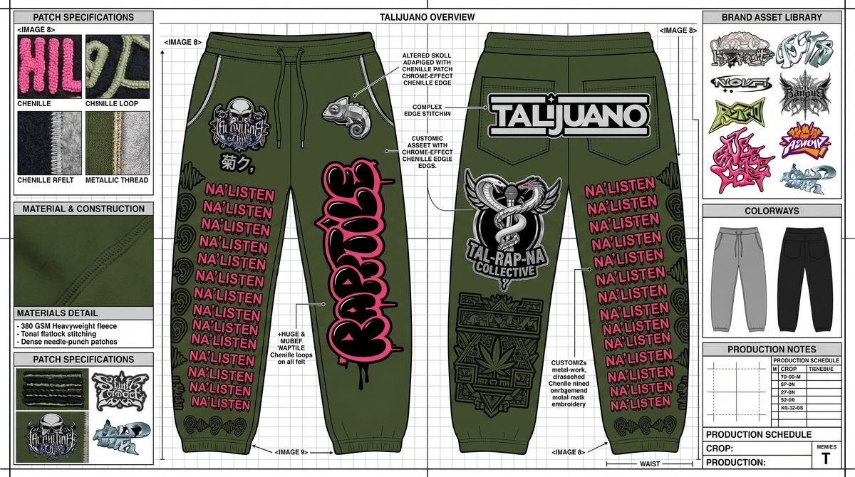Streetwear tech pack sheet with callouts