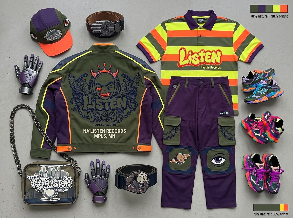 Flat lay of a jacket, hat, gloves, bag and sneakers with color swatches