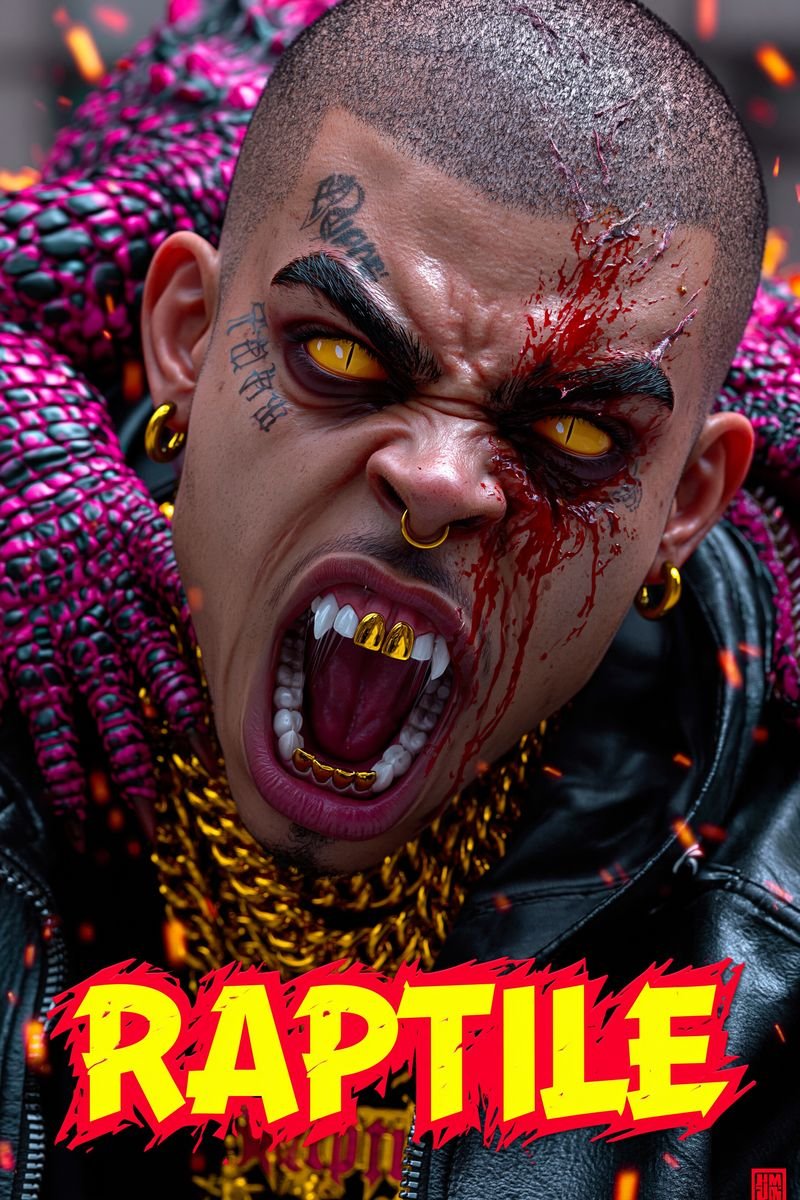 Grey alien with huge glossy eyes wearing gold chains and a streetwear jacket