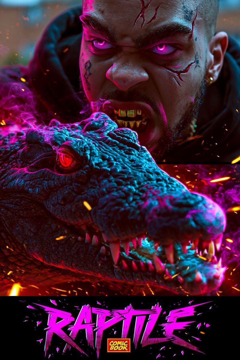 Alien with red reflective eyes in a pink and black jacket